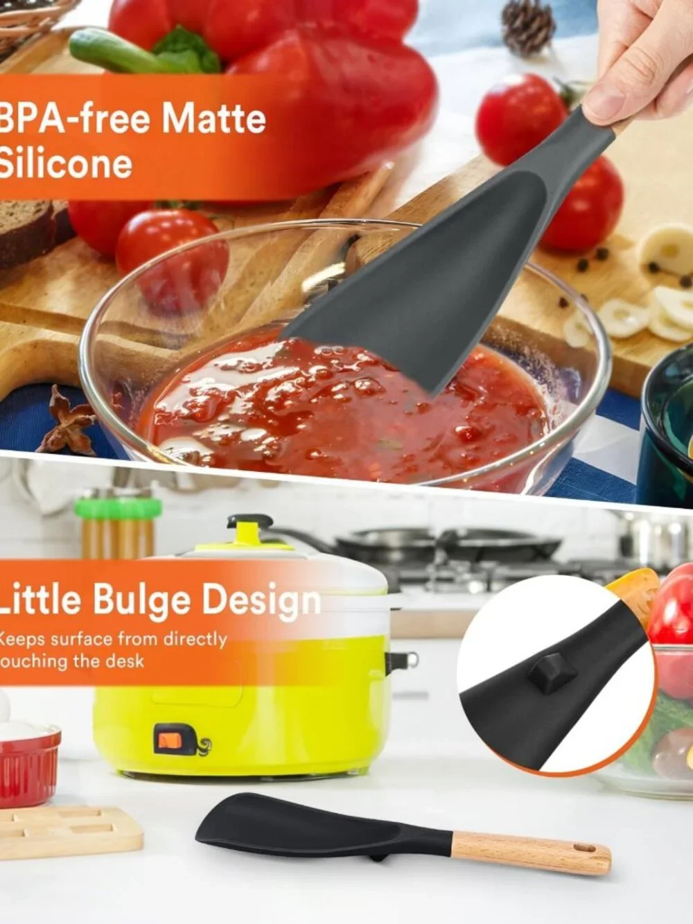 Nonstick Cooking Spoon - BPA-Free Silicone & Wood Handle, 11.4